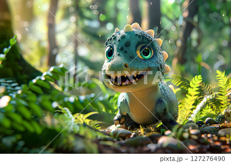 Cartoonish green dinosaur is sitting on a rock in a lush green forest. Cartoonish green dinosaur is sitting on a rock in a lush green forest. 127276490