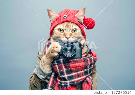 Cat wearing a red hat and a sweater is holding a camera. 127276514