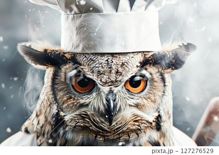 Chef owl is wearing a white hat and standing in front of a stove Chef owl is wearing a white hat and standing in front of a stove 127276529