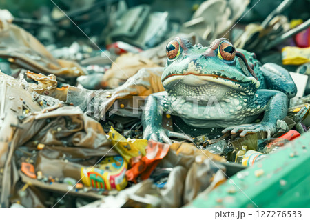 Frog is sitting on a pile of trash 127276533