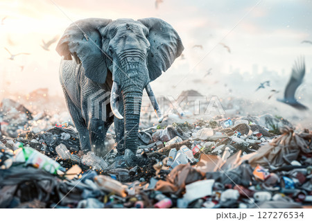 An elephant is walking through a pile of trash 127276534