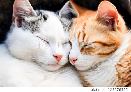 Two cats are sleeping together, one is white and the other is orange 127276535
