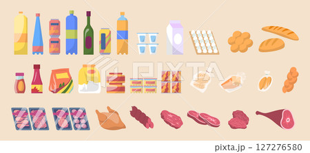 Cartoon Color Different Types Food for Supermarket Shelving and Refrigerator Set Nutrition Concept Flat Design Style. Vector illustration Cartoon Color Different Types Food for Supermarket Shelving and Refrigerator Set Nutrition Concept Flat Design Style. Vector illustration 127276580