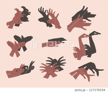 Cartoon Color Different Dark Skin Hand Shadow Puppets Set Concept Flat Design Style. Vector illustration of Hands Creating Various Shapes Cartoon Color Different Dark Skin Hand Shadow Puppets Set Concept Flat Design Style. Vector illustration of Hands Creating Various Shapes 127276584