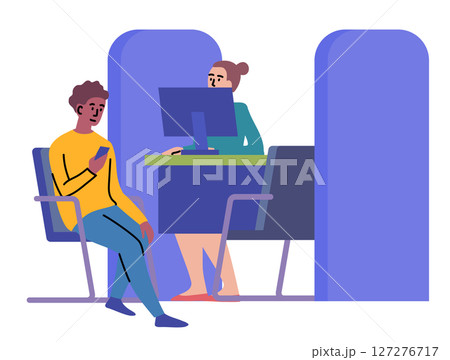 Cartoon Color Character Client Guy and Manager at Bank Office Room Providing Banking Services Concept Flat Design Style. Vector illustration Cartoon Color Character Client Guy and Manager at Bank Office Room Providing Banking Services Concept Flat Design Style. Vector illustration 127276717