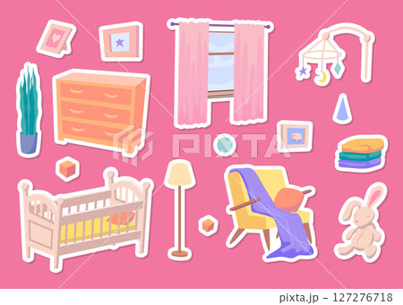 Cartoon Color Baby Cot Room Interior Element Concept Stickers Set Flat Design Style. Vector illustration of Nursery Bedroom Badge 127276718