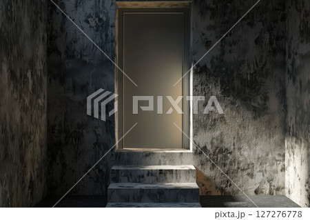 White door with a gold handle sits in front of a wall with a white trim. 127276778