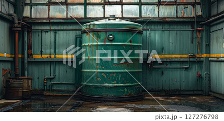 Blue barrel with a rusty top sits in front of a building with a window. 127276798
