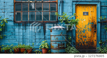 Blue building with a yellow door and a sign on the door 127276805