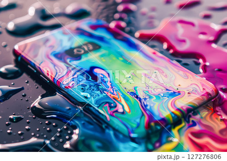 Phone is sitting on a colorful surface with a painting of a swirl pattern. 127276806