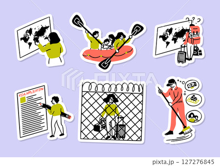 Cartoon Color Migration Realities Concept Different Scenes Sticker Set Flat Design Style. Vector illustration of Choosing Country for Moving 127276845