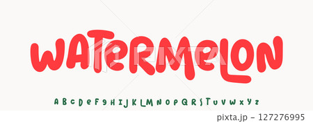 Summer Watermelon, joyful lettering, cartoon rounded typography. Childish font for friendly logo headline of culinary recipe book, sweets, ice cream title. Food typographic design. Vector typeset. 127276995