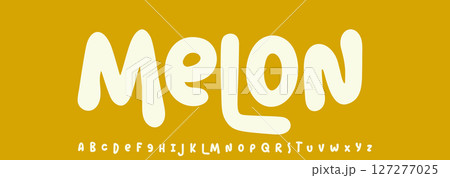 Summer Melon, joyful lettering, cartoon rounded typography. Childish font for friendly logo headline of culinary recipe book, sweets, ice cream title. Food typographic design. Vector typeset. 127277025