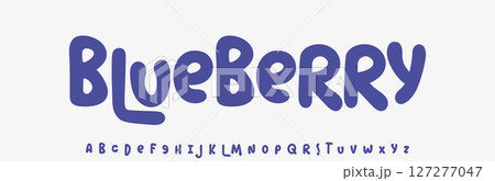 Summer Blueberry, joyful lettering, cartoon rounded typography. Childish font for friendly logo headline of culinary recipe book, sweets, ice cream title. Food typographic design. Vector typeset. Summer Blueberry, joyful lettering, cartoon rounded typography. Childish font for friendly logo headline of culinary recipe book, sweets, ice cream title. Food typographic design. Vector typeset. 127277047
