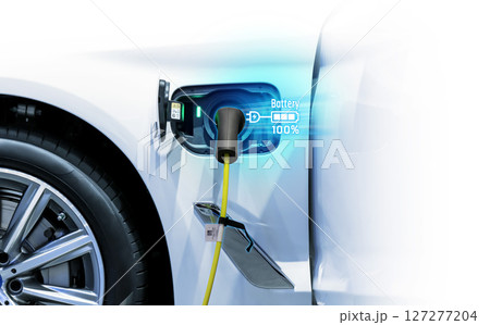 Power cable pump plug in charging power to electric vehicle EV car. Power cable pump plug in charging power to electric vehicle EV car. 127277204