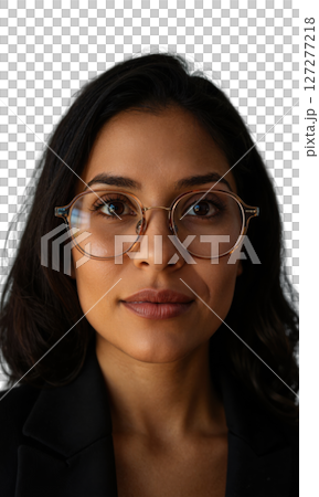 A Latina business leader with sleek hair and oversized glasses, her thoughtful expression illuminated by glowing lines, symbolizing innovation, determination A Latina business leader with sleek hair and oversized glasses, her thoughtful expression illuminated by glowing lines, symbolizing innovation, determination 127277218