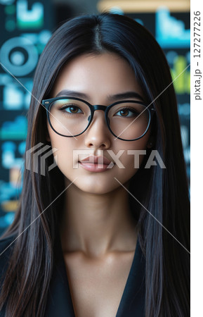 East Asian female innovator with sleek, straight hair and bold cat-eye glasses, standing poised with a floating dashboard interface, her 127277226