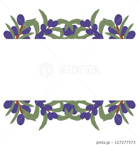 Elegant Botanical Border Frame with Purple Berries and Green Leaves in a Hand-Drawn Decorative Design. 127277573