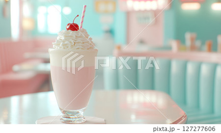 Pink milkshake with whipped cream and cherry in retro diner, nostalgic vibe 127277606