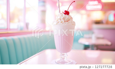 Milkshake in retro diner with cherry on top, vintage nostalgia concept Milkshake in retro diner with cherry on top, vintage nostalgia concept 127277728