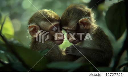 Baby monkeys cuddling in the forest, intimate...のイラスト素材 [127277924] - PIXTA