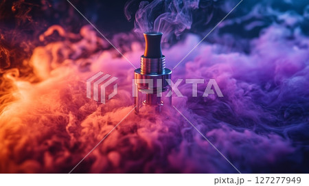 Vape device surrounded by colorful smoke on dark background, contemporary lifestyle and technology concept 127277949