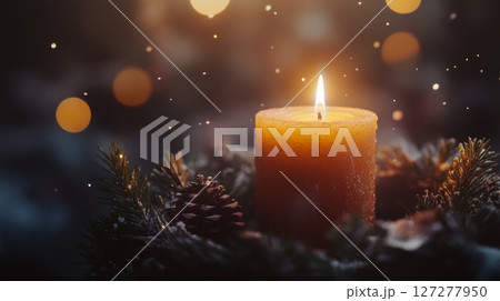 Candle glowing in festive wreath with pine cones, warm bokeh lights in background. Holiday ambiance and winter decor concept 127277950