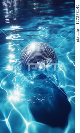 Disco ball floating in swimming pool, sunlight reflections. Summer party and nightlife concept 127278149