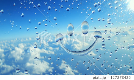 Smiley face drawn on window with water droplets against blue sky 127278426