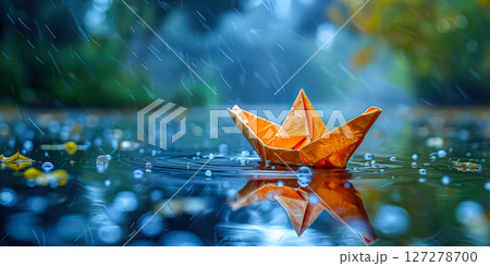 Yellow boat is floating in a river with rain falling on it. 127278700