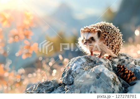 Small brown and white hedgehog is standing on a rock 127278701