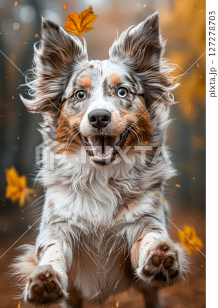 Dog is jumping in the air with leaves falling around it 127278703