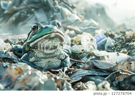 Frog is sitting on a pile of trash 127278704