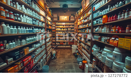 Store with many shelves of medicine 127278772