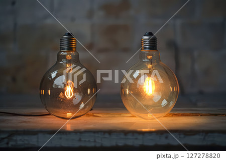 Two light bulbs are lit up and sitting on a wooden table 127278820