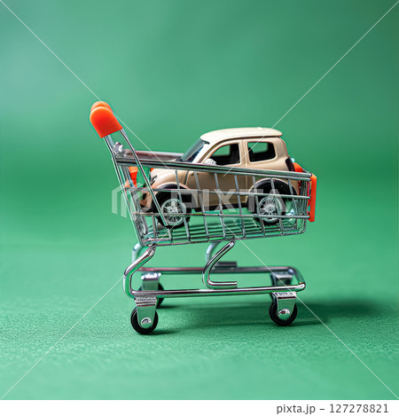 Toy car is sitting on a shopping cart 127278821