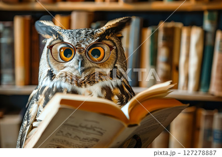 Small owl wearing glasses is sitting on top of an open book. 127278887