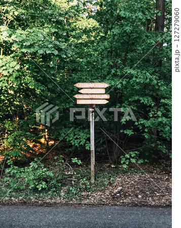 A signpost with four arrows pointing in different directions 127279060