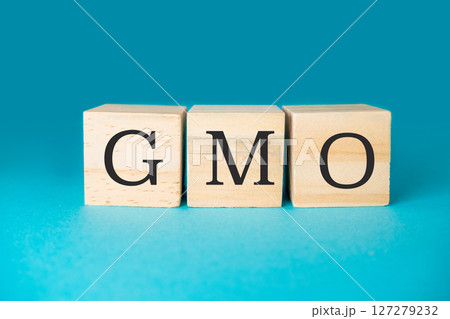 The image is a wooden block with the letters GMO on it 127279232