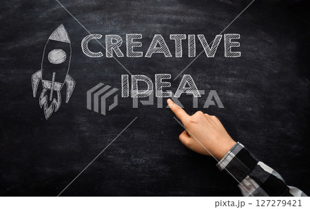 Hand pointing at a chalkboard with the word Creative Idea written below it Hand pointing at a chalkboard with the word Creative Idea written below it 127279421