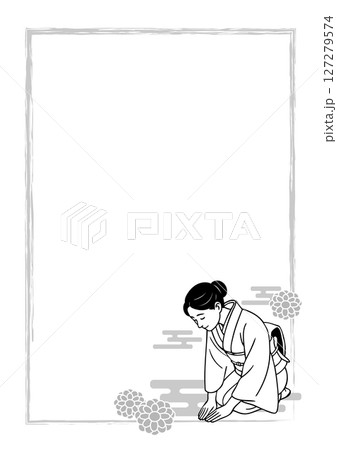 和風フレーム背景　正座でお辞儀をする着物の女性 127279574