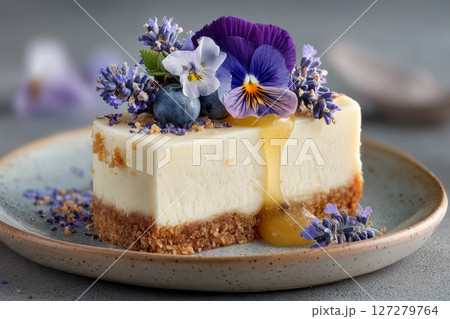 Cheesecake slice decorated with edible flowers and herbs Cheesecake slice decorated with edible flowers and herbs 127279764
