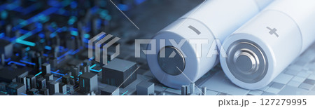 Battery selection concept. Three AA batteries on a technological background. battery fast charging concept. AA batteries. 3D visualization 127279995