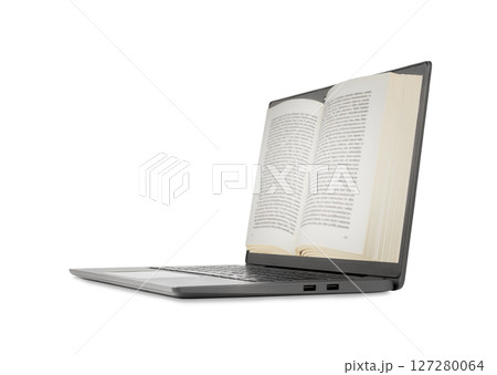 Open book displayed on laptop screen isolated on a white background. Stock photo. 127280064