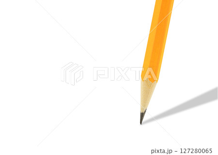 Yellow wooden pencil isolated on white background with shadow and copy space. Stock photo. 127280065
