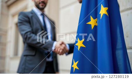 European flag with handshake symbolizing business unity 127280119