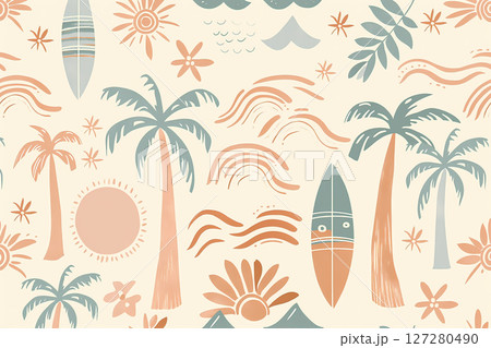 トロピカルフルーツとヤシの木の夏の南国パターン トロピカルフルーツとヤシの木の夏の南国パターン 127280490
