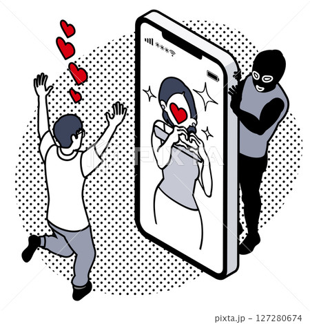 ロマンス詐欺 - スマホの中の女性に夢中になる男性と様子を伺う詐欺師 127280674