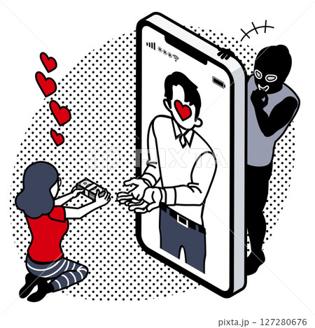 ロマンス詐欺 - スマホの中の男性にお金を渡す女性　笑う詐欺師 127280676