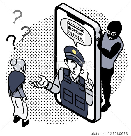 特殊詐欺 - クレジットカードを要求するスマホの中の偽警察官とシニア女性　様子を伺う詐欺師 127280678